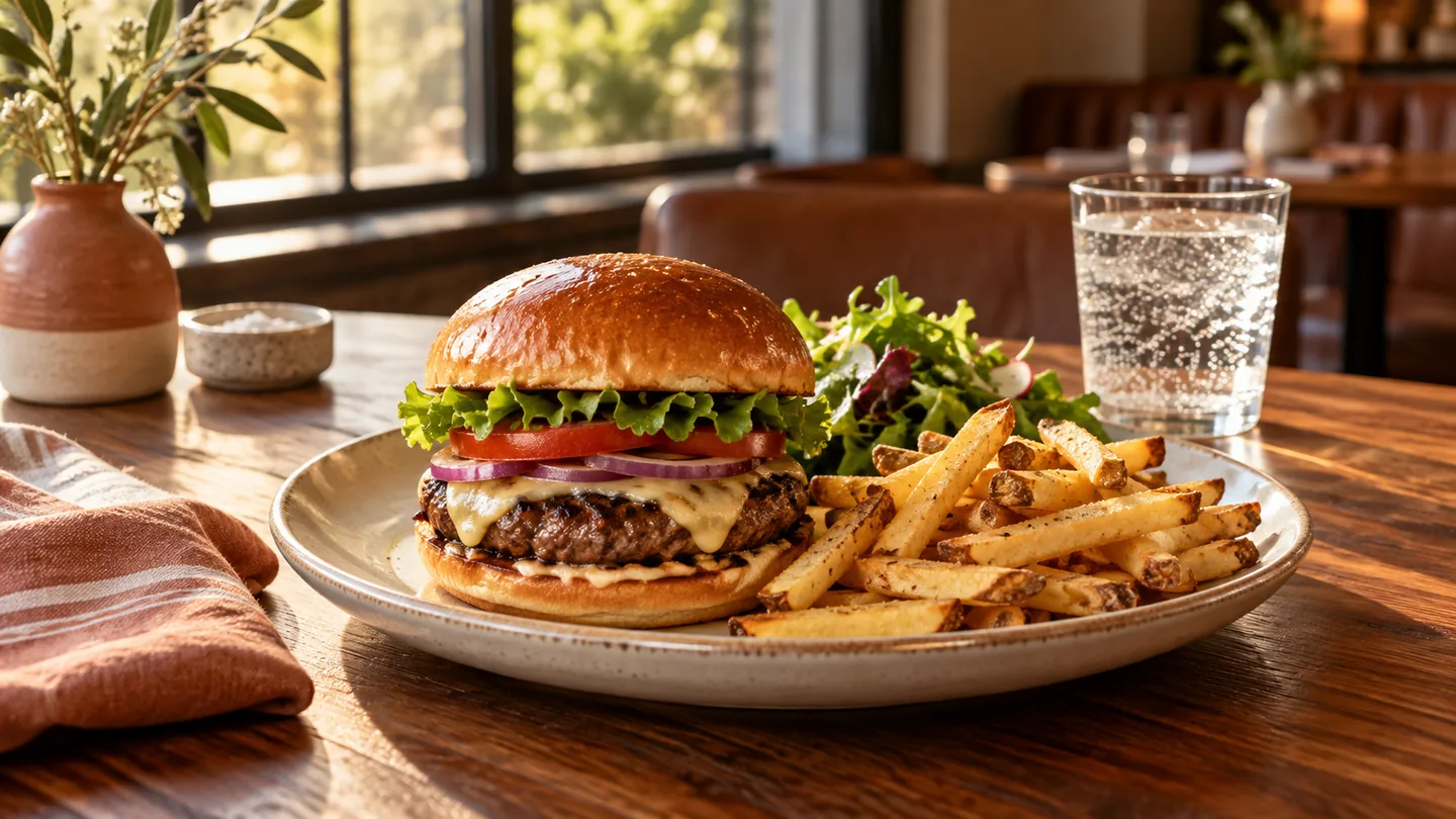American grill meal with burger, fries and a fresh green salad