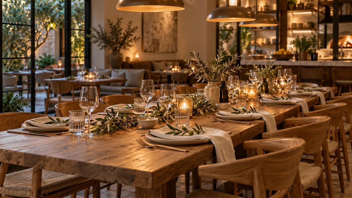 Communal restaurant table set with ceramic plates and linen napkins