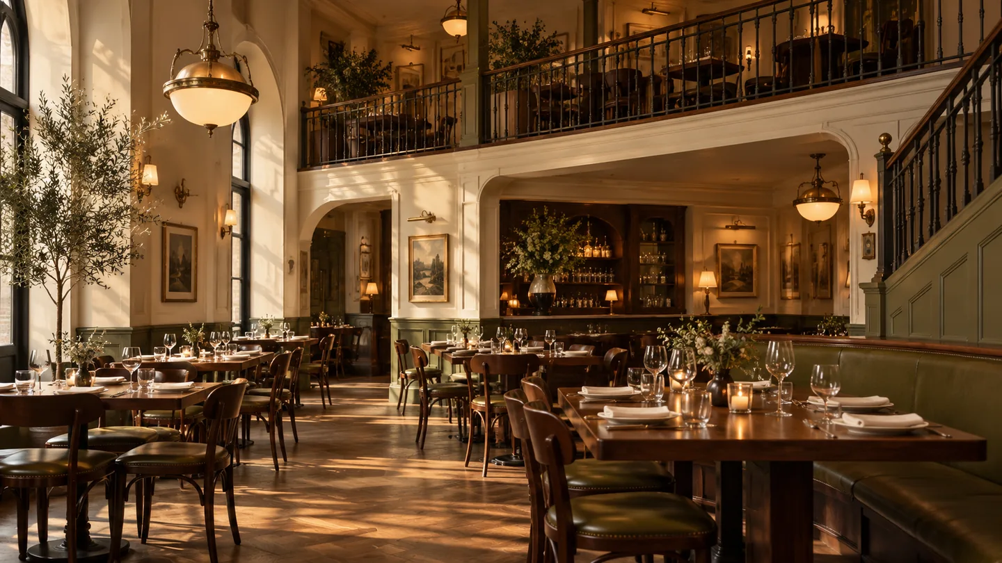Imagined vintage dining room with mezzanine and brass lighting