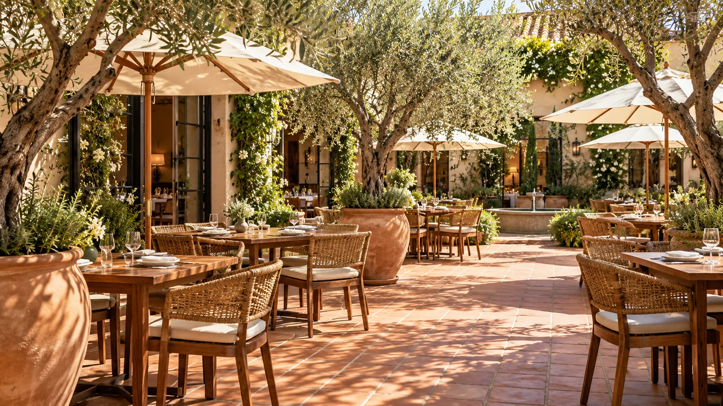 Imagined restaurant courtyard with olive trees and cream parasols