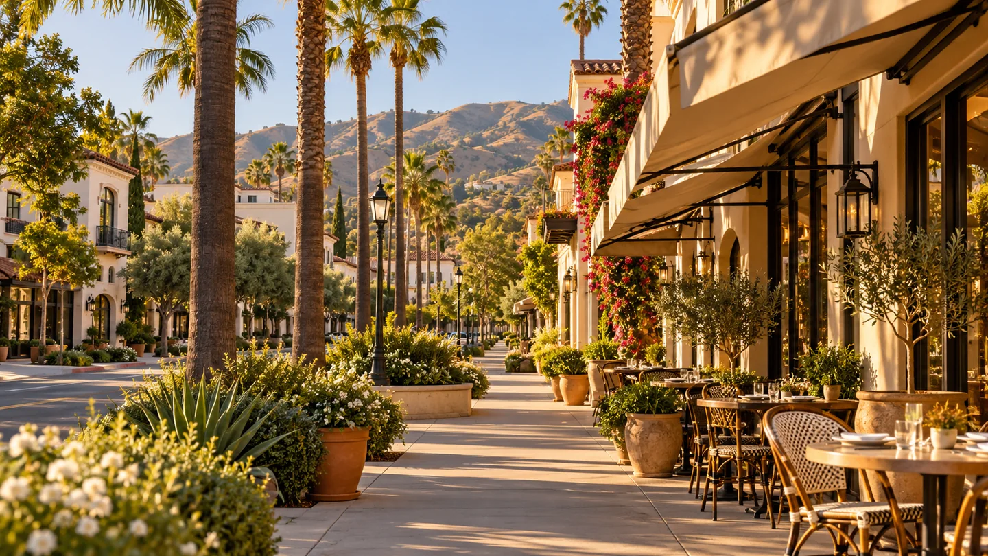 Illustrative California neighborhood street with palms and shaded dining